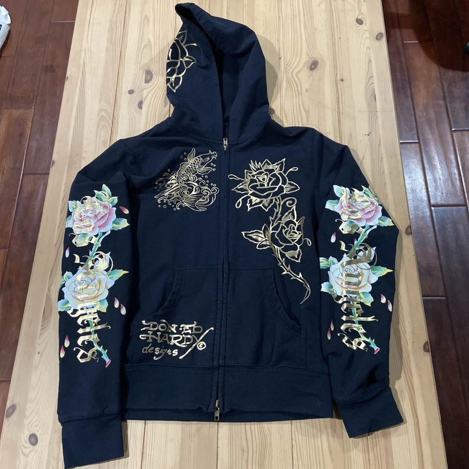 Sudadera Ed Hardy Y2K Negra Sudadera con Capucha Ciudad de Nueva York Recortada Rosa Talla Grande Foto 1 de 4