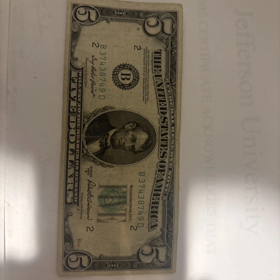 1950 nota de 5 dólares da Reserva Federal série b. Série # inclui 3 pares. - Imagem 1 de 4