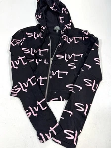 Sudadera con Capucha Recortada Y2K Lip Service Negra Rosa S**t Estampado Completo XS - Imagen 1 de 5