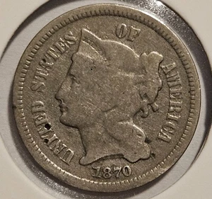 1870 Three Cent Piece Nickel 3c Antique United States of America III Coin 3 - Picture 1 of 2
