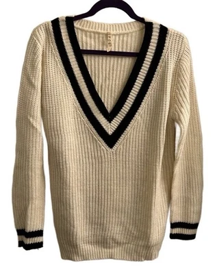 Suéter Pullover POL Cuello en V Blanco Con Acentos Azules Talla L Academia Preppy Foto 1 de 4