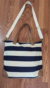 Merona Navy White Stripe Canvas Travel Beach Bag Crossbody Strap "Leather" Trim - Picture 1 of 4