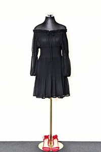 MANGO Black Sheer Chiffon Off Shoulder Dress Pleats Long Puff Sleeve Boho Moto - Picture 1 of 10