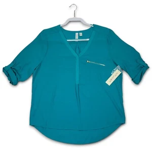 TACERA Blouse Turquoise, Size XL, Roll Tab Sleeve & 3/4, New with Tag - NWT - Picture 1 of 13