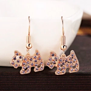 18K Rose Gold Filled Lab-Created Crystal Hollow Out Lovely Dog Dangle Earrings - Picture 1 of 8