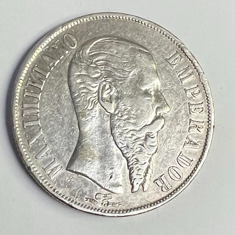 1867 Mo Mexico 1 Peso Silver, Empire of Maximilian, KM#388.1, XF+ Details Cover