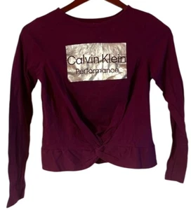 Calvin Klein Burgundy & Silver Tape Logo Long Sleeve T-Shirt Size L(12-14) Girl - Picture 1 of 8