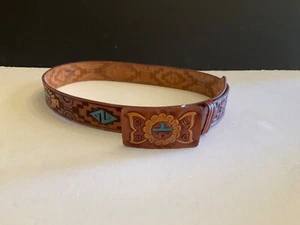 VTG Southwestern Chambers Leather Belt Hand Tooled & Painted Zuni Sun Sz 32 - Picture 1 of 12