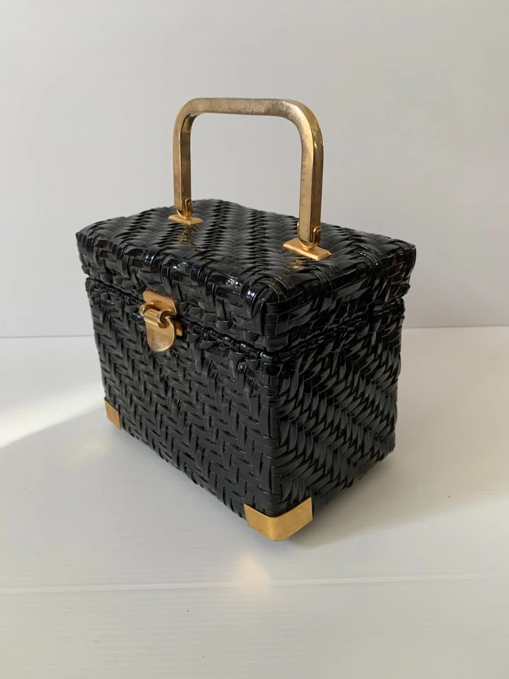 Marchioness structured woven grab clutch bag VGC box black gold rattan vintage - Image 1 of 4