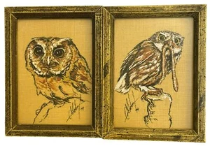 Pair Of Mid-Century Modern Owl Paintings On Burlap Fabric By C. Albert 8" X 6" S - Picture 1 of 12