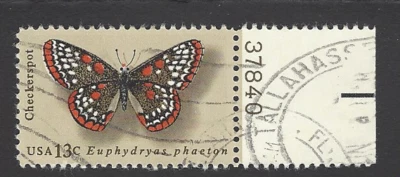 Sc# 1713 13c Checkerspot Butterfly plt. # sin. TALLAHASSE FL. Oval Can. - (A-1) - Image 1 of 2