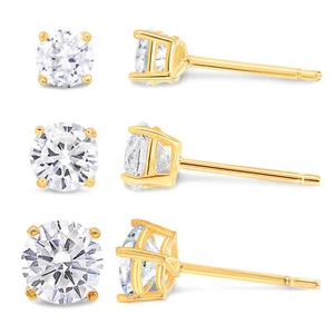 Set of 3 Cubic Zirconia Gold Plated Sterling Silver Stud Earrings 4mm, 5mm, 6mm - Picture 1 of 6