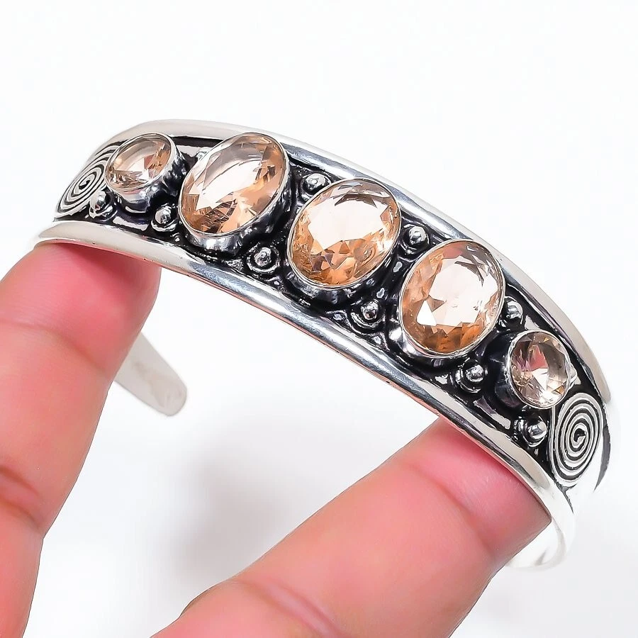 Браслет-манжета регулируемый ювелирное изделие серебро 925 пробы персиковый морганит драгоценный камень - Изображение 1 из 1