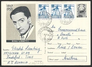 Romania 1950 pictorial DINU LIPATTI postal card uprated used to Austria - Picture 1 of 2