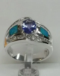 14k white gold opal inlay gemstone Tanzanite 0.50ct diamonds 8x6 oval fine ring. - Picture 1 of 7