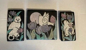 Davis Vachon Handmade Glazed Raku Clay Pottery Art Tile Trio Cat Bunny Bird - Picture 1 of 9