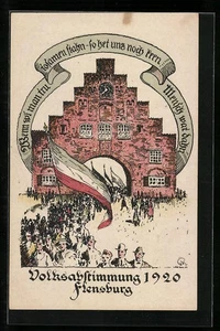 Künstler-AK Flensburg, Volksabstimmung 1920, Strassenumzug am Tor, Weimarer Rep  - Picture 1 of 2