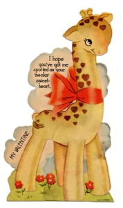Tarjeta De San Valentín De Colección, Jirafa Grande con Lazo y Corazones Manchados - Imagen 1 de 3