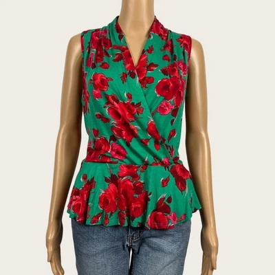 Blusa Top Weston Wear PEQUEÑA Verde Rojo Rosa Estampado Imitación Envoltura Dobladillo Peplum Foto 1 de 4