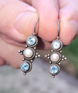 VINTAGE~STERLING~SILVER~925~w/~BLUE~TOPAZ~&~AUTHENTIC~PEARL~ORNATE~DROP~EARRINGS - Picture 1 of 6
