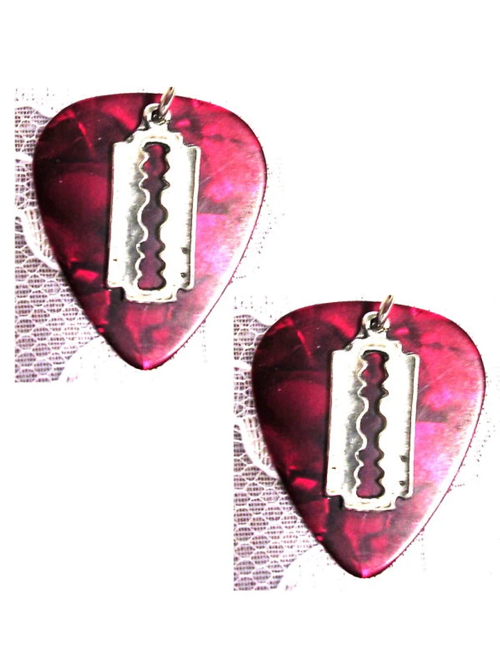 PEWTER RAZOR BLADE CHARMS ON DEEP RED GUITAR PICKS PAIR OF EARRINGS - Image 1 of 1