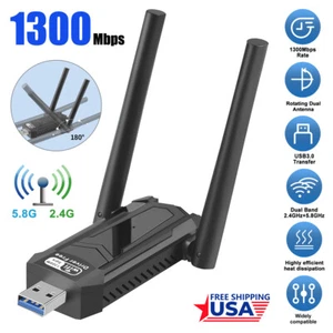 USB 3.0 WiFi Adapter 1300Mbps Long Range Dual Band 5Ghz Wireless Network Dongle* - Picture 1 of 11