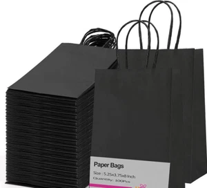 100 Pcs Paper Gift Bags 5.25x3.75x8 Black Small Paper Bags w Handles Bulk Black - Picture 1 of 4