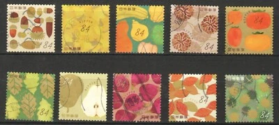 JAPAN 2020 AUTUMN GREETINGS FRUITS & LEAVES 84 YEN COMP. SET OF 10 STAMPS USED - Image 1 of 4