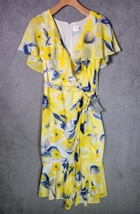 Eliza J Size 4 Faux Wrap Midi Dress Yellow Blue Floral Ruched Ruffle Tie-Waist - Picture 1 of 23