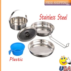Camping Cookware Mess Kit Portable 5Piece Plate Bowl Pot Stainless Steel Plastic - Picture 1 of 4