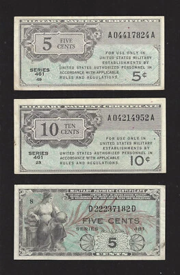 Military Payment Certificate, 3 piece Starter Set, Series 461 – 481, Extra Fine! - Image 1 of 4