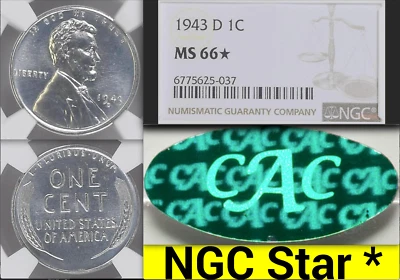 1943-D NGC MS66 CAC STAR Pop 25 of 15,344 NGC Cert🔴 Satin Proof? ✅ Lincoln Cent - Image 1 of 3