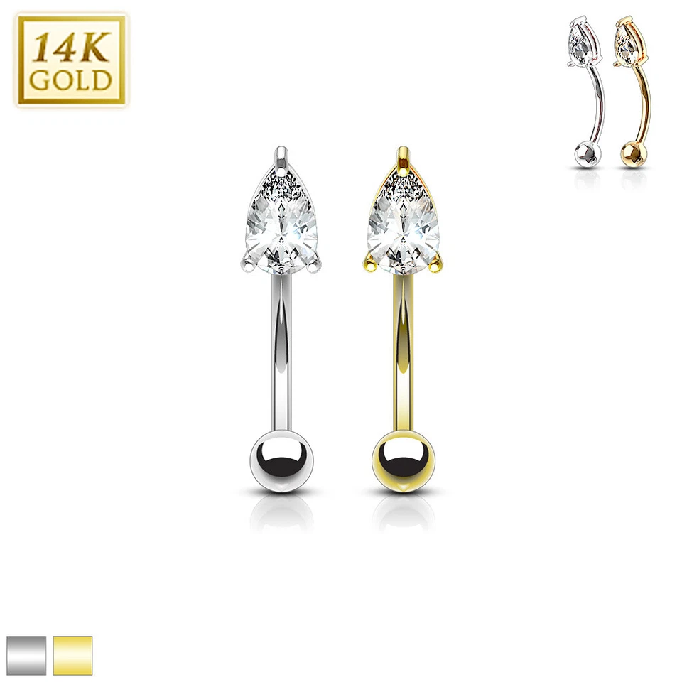 Piercing Daith torre ceja barra curva circonita cúbica lágrima punta oro 14K 16G Foto 1 de 4