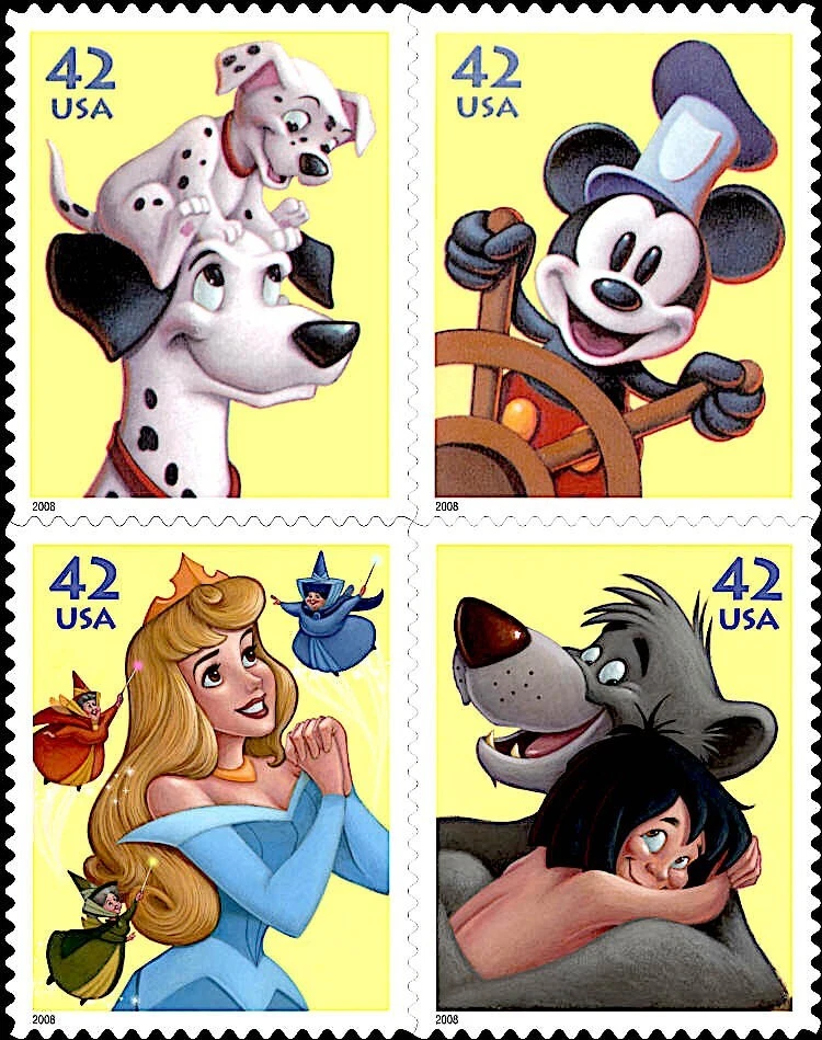 2008 DISNEY IMAGINATION Block 4 x 42¢ STAMPS #4342-45 Jungle Book 101 Dalmatians - Image 1 of 1