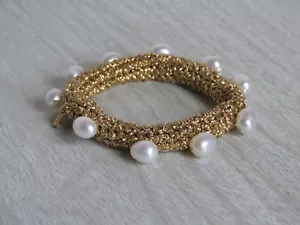 Lucy Folk Freshwater Pearl Diver Metallic Gold Crochet Bracelet READ - Picture 1 of 17
