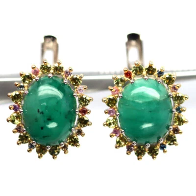 Edelstein 8x10 MM. Grüner Smaragd & Saphir Zwei-Ton Ohrringe 925 Sterlingsilber - Bild 1 von 4