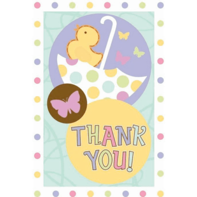 Baby Shower Thank You Cards Boy Girl Multi Color Ducks Umbrellas 8ct - Image 1 of 2