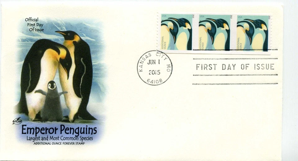 4990, Emperor Penguins coil, ArtCraft, strip of 3, FDC  - Image 1 of 1