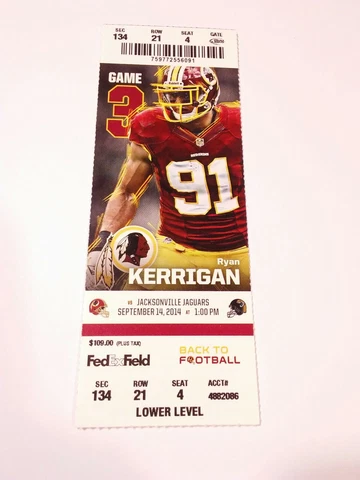 2014 Washington Redskins Jacksonville Jaguars NFL Football Full Ticket Stub Cover