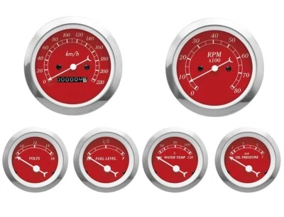 MOTOR METER RACING Classic Red 6 Gauge Set Mechanical Speedometer KMH °C BAR - Bild 1 von 4