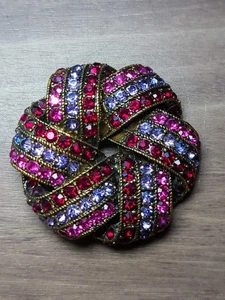 Vtg Gold Tone MONET Red Pink Purple RHINESTONE Ribbon Woven Flower Pin Brooch - Picture 1 of 4