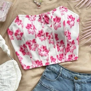 NUEVO SIN ETIQUETAS SHEIN Soleia Estampado Floral Recortado Tubo Top Talla Pequeña Rosa Blanco Bustier - Imagen 1 de 4