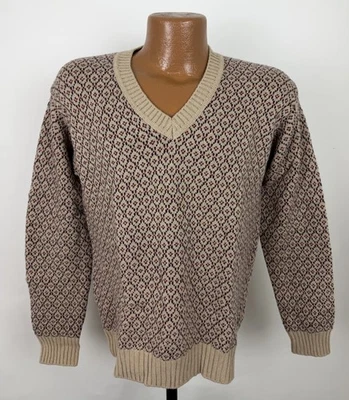 Benetton Sweater Mens Medium Beige Wool Blend Medallion Paisley Knit Collegiate - Image 1 of 4