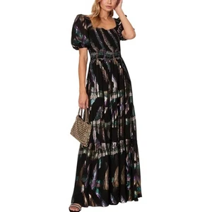 Maxi abito Shoshanna nero metallizzato a strati con volant abito manica a sbuffo designer $660 - Foto 1 di 10