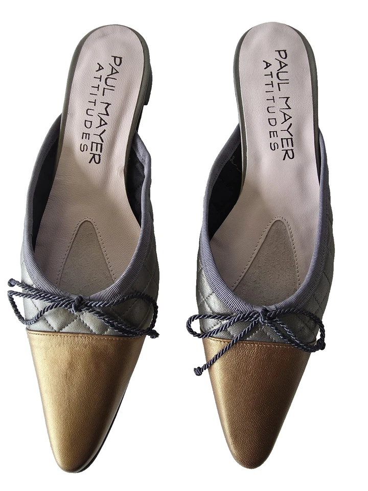 Paul Mayer Attitude Silver/Golvd Quilted Bowtie Mule Loafer Slip On Flat 8.5B - Image 1 of 4