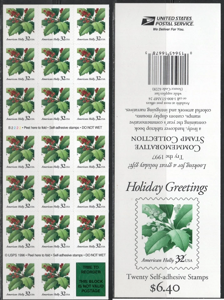 US Scott #3177 Self-Adhesive Booklet pane of 20, "Christmas Holly" - Image 1 of 1