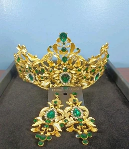 Luxury Tiara Headpiece Crown & Earrings Green Rhinestones Wedding Hair Pageant - Picture 1 of 20