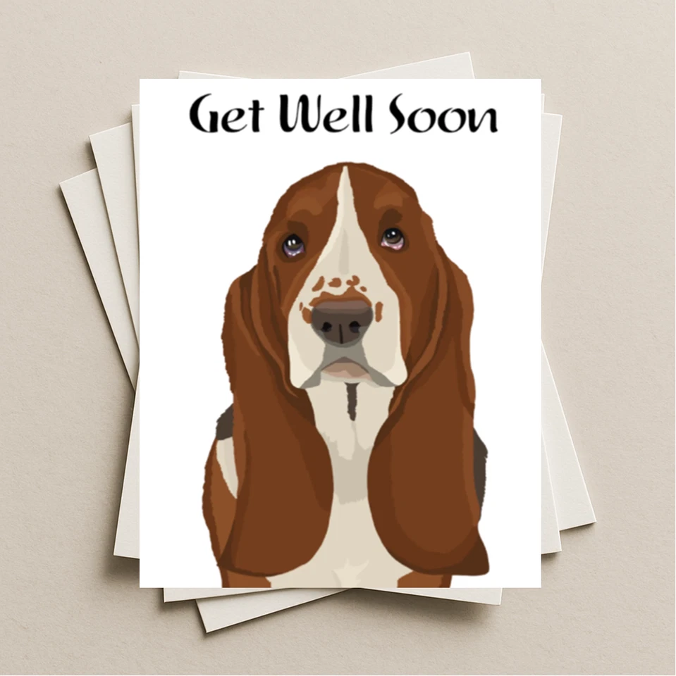 Basset Hound Dog Hand-Drawn Get Well Soon Greeting Card with Envelope - Image 1 of 4