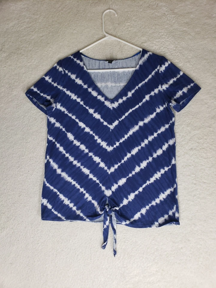 Camisa Jones New York Mujer Top Mediana Azul Rayas Algodón B Manga Corta Cuello en V Foto 1 de 4