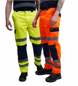 Hi Vis Trouser Cargo Viz Cotton Work Combat Visibility Pants Pocket Orange High - Picture 1 of 18